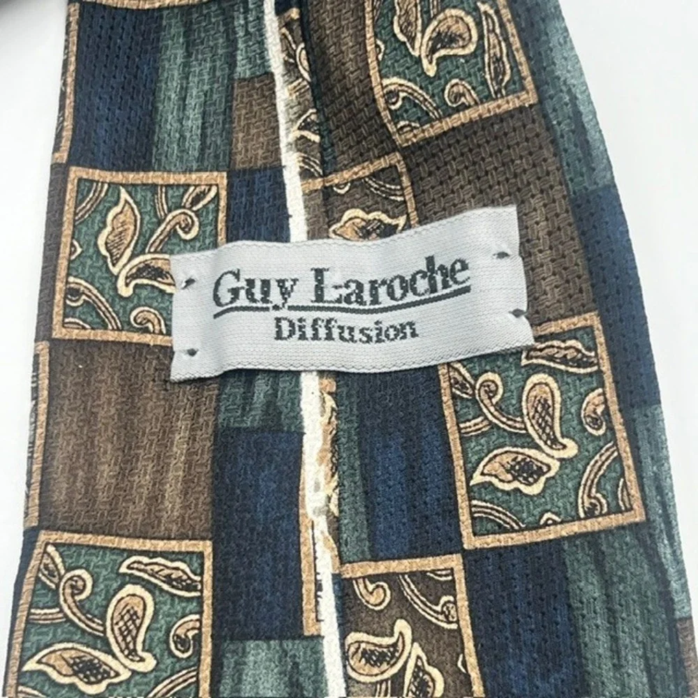 Guy Laroche Diffusion Mens Silk Tie Geometric Paisley Patchwork Blue Green Brown